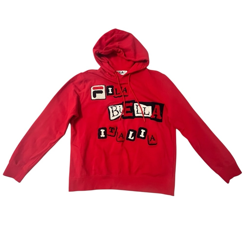 FILA Biella Italia Red Hoodie M Streetwear Retro Patch Graphic Logo Unisex